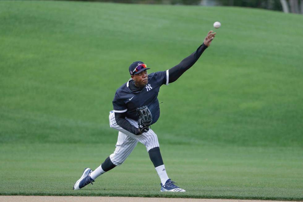 New York Yankees' Aroldis Chapman during a spring training baseball workout Thursday, Feb. 13, ...