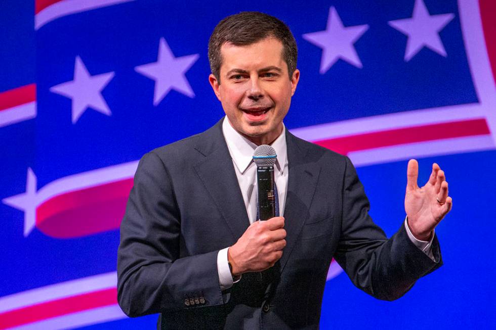 Former South Bend, Ind., Mayor Pete Buttigieg speaks during the League of United Latin American ...
