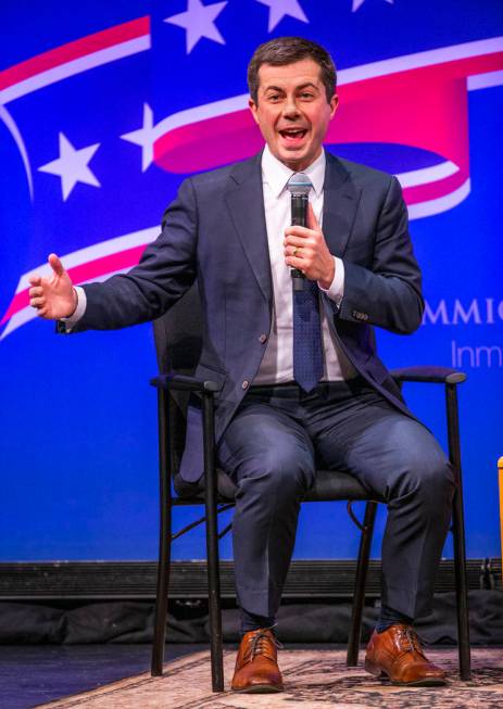 Former South Bend, Ind., Mayor Pete Buttigieg answers questions from the audience during the Le ...