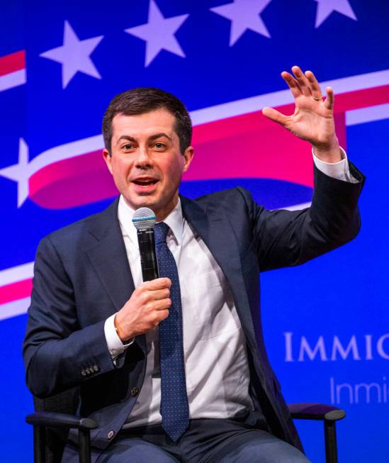 Former South Bend, Ind., Mayor Pete Buttigieg answers questions from the audience during the Le ...