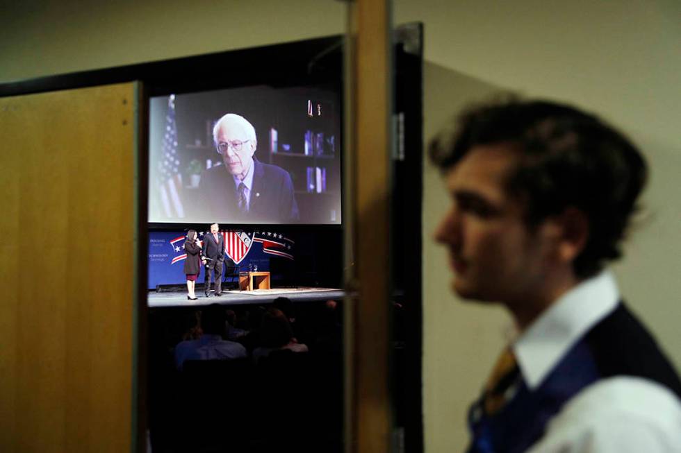 Democratic presidential candidate Sen. Bernie Sanders, I-Vt., speaks via teleconference to the ...