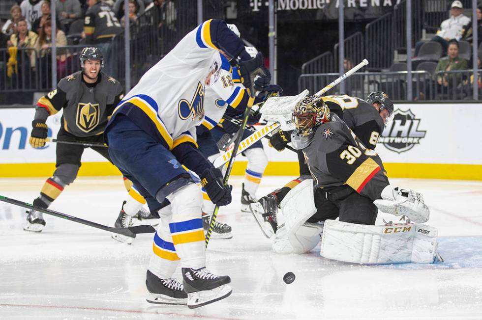 Vegas Golden Knights goaltender Malcolm Subban (30) makes a save against St. Louis Blues left w ...