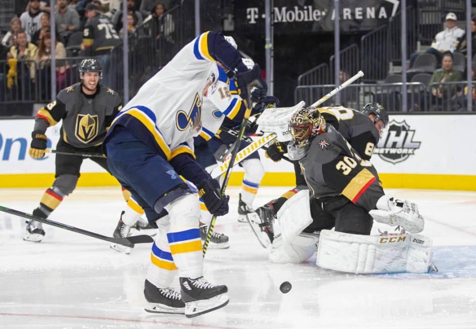 Vegas Golden Knights goaltender Malcolm Subban (30) makes a save against St. Louis Blues left w ...