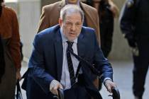 Harvey Weinstein arrives at a Manhattan courthouse for his rape trial in New York, Friday, Feb. ...