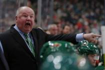 Minnesota Wild's head coach Bruce Boudreau shouts after a penalty call in the second period of ...