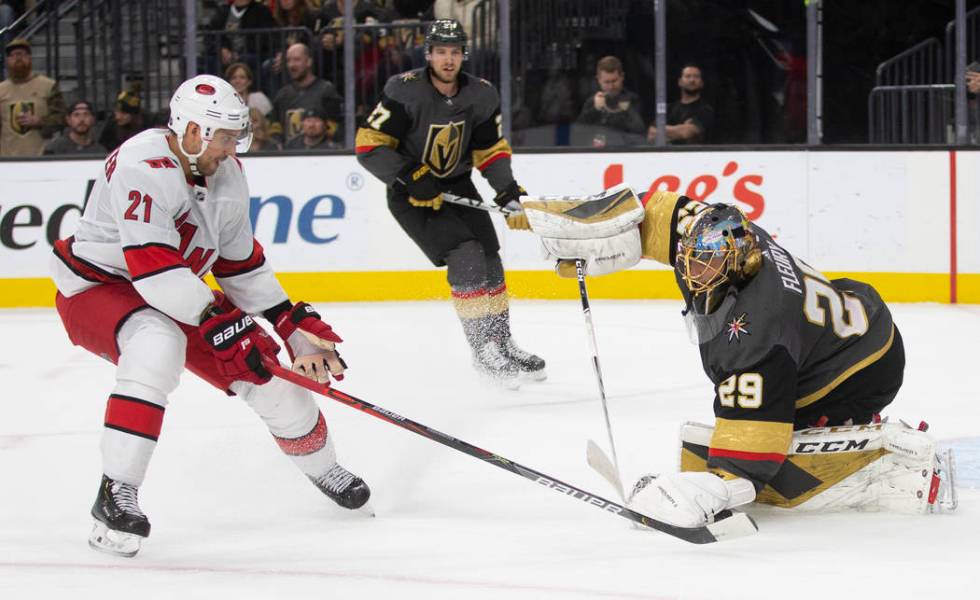 Vegas Golden Knights goaltender Marc-Andre Fleury (29) makes a save against Carolina Hurricanes ...