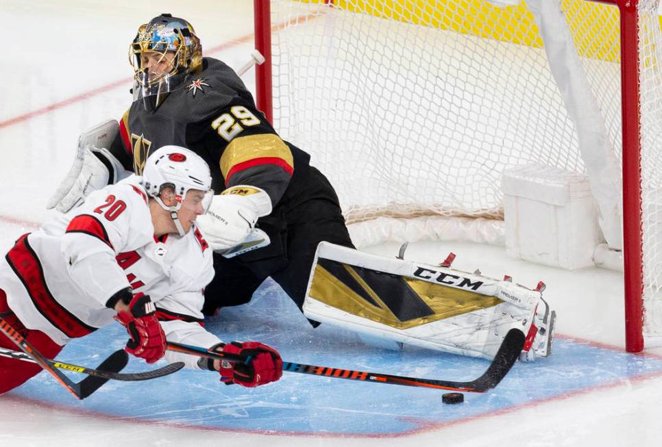 Vegas Golden Knights goaltender Marc-Andre Fleury (29) makes a save against Carolina Hurricanes ...