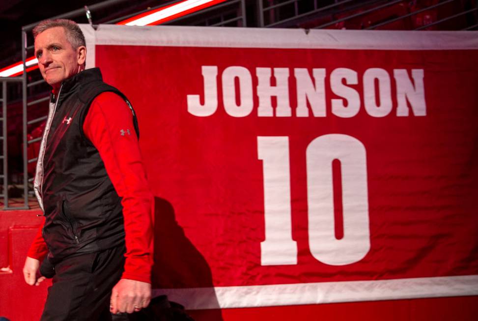 Wisconsin womenճ hockey head coach Mark Johnson is seen at the celebration for winning th ...