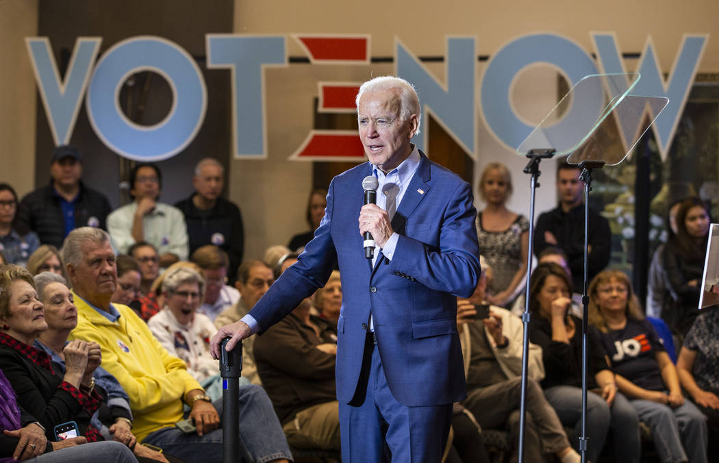 Former Vice President Joe Biden speaks during an early vote event at Sun City Macdonald Ranch o ...