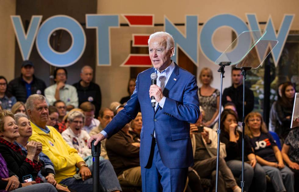 Former Vice President Joe Biden speaks during an early vote event at Sun City Macdonald Ranch o ...