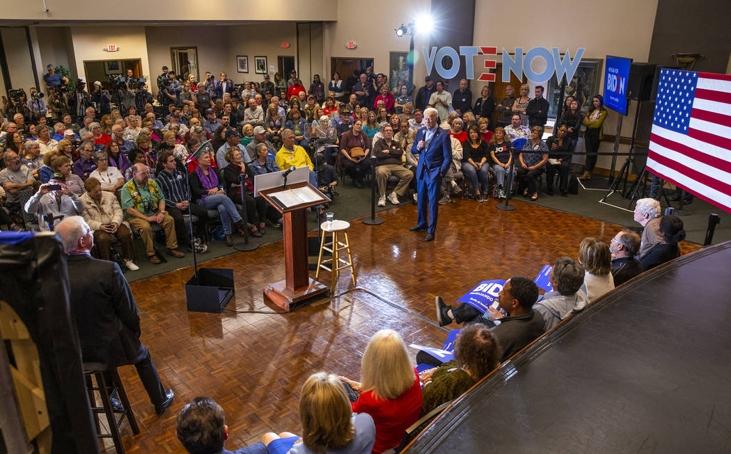 Former Vice President Joe Biden speaks during an early vote event at Sun City Macdonald Ranch o ...