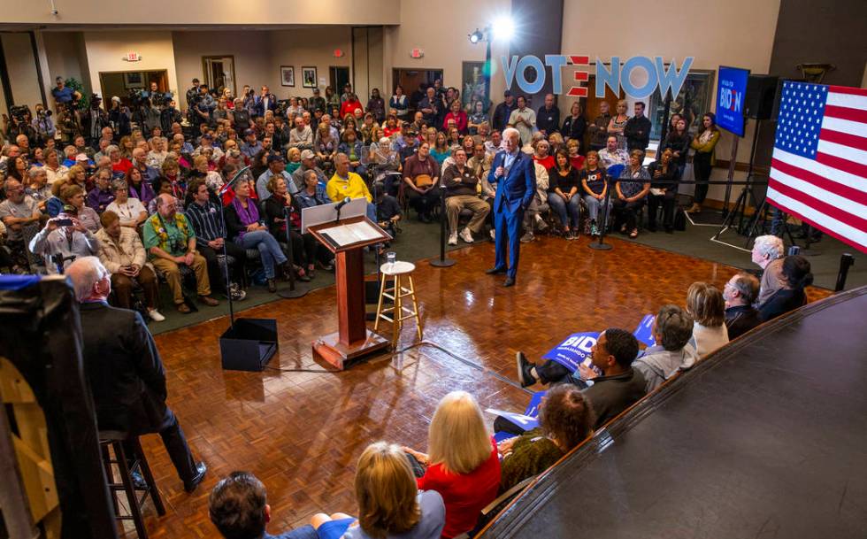 Former Vice President Joe Biden speaks during an early vote event at Sun City Macdonald Ranch o ...