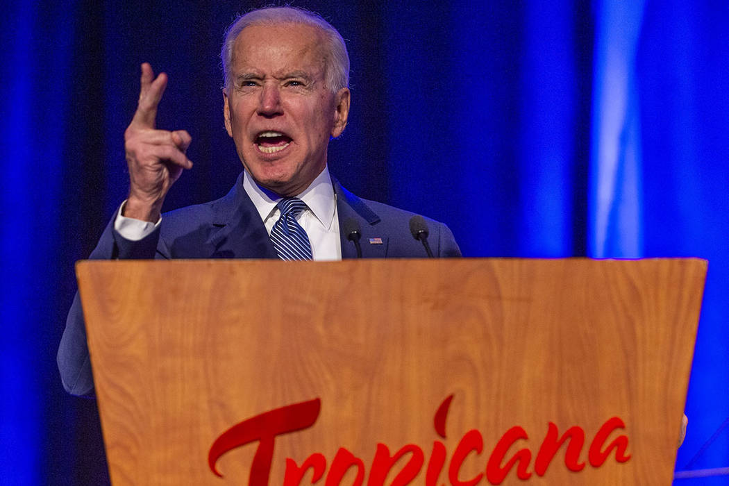 Former Vice President Joe Biden talks about healthcare during the Clark County Democrats Kick O ...