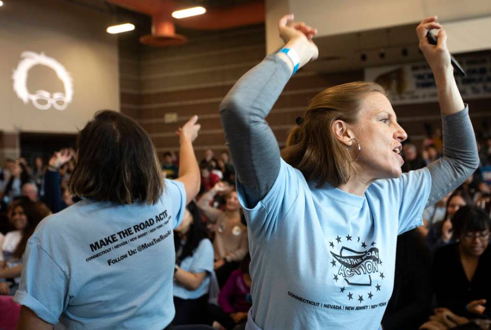 Deborah Axt, a member of Make the Road Nevada, leads chants before Sen. Bernie Sanders takes th ...