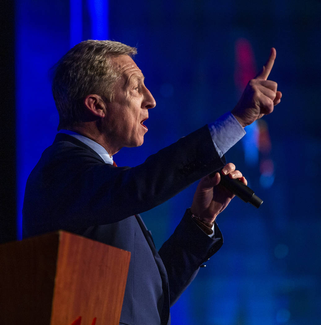 Businessman Tom Steyer talks about climate change during the Clark County Democrats Kick Off to ...