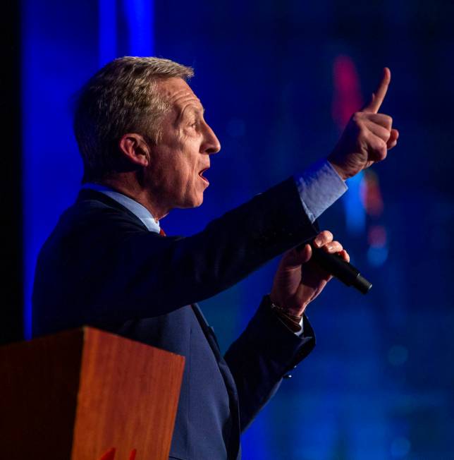 Businessman Tom Steyer talks about climate change during the Clark County Democrats Kick Off to ...