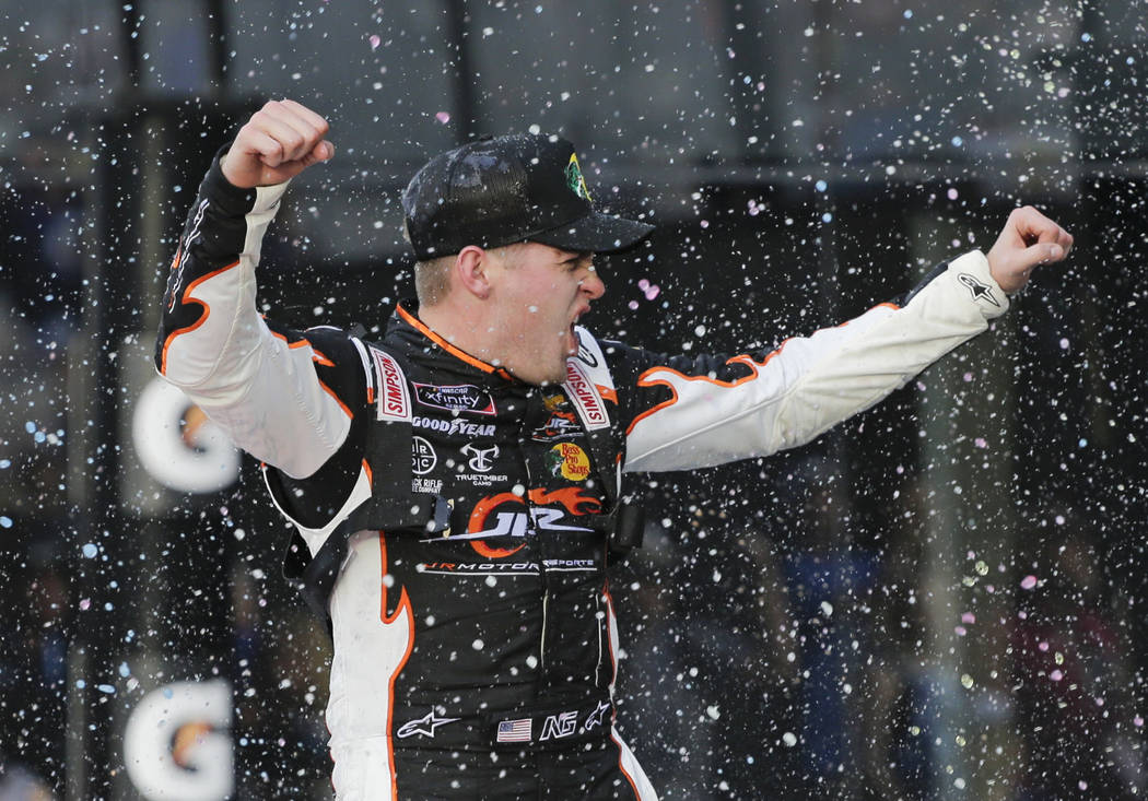 Noah Gragson celebrates in Victory Lane after winning the NASCAR Xfinity series auto race at Da ...