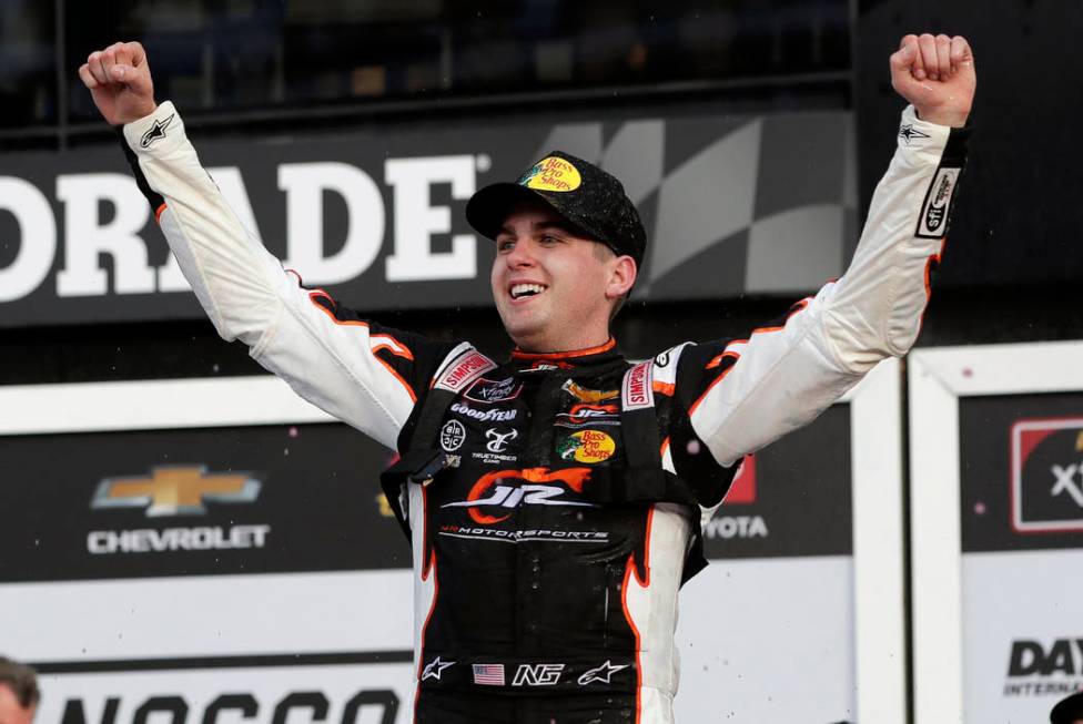 Noah Gragson celebrates in Victory Lane after winning the NASCAR Xfinity series auto race at Da ...