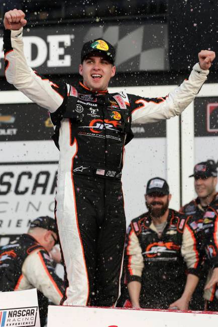 Noah Gragson celebrates in Victory Lane after winning the NASCAR Xfinity series auto race at Da ...