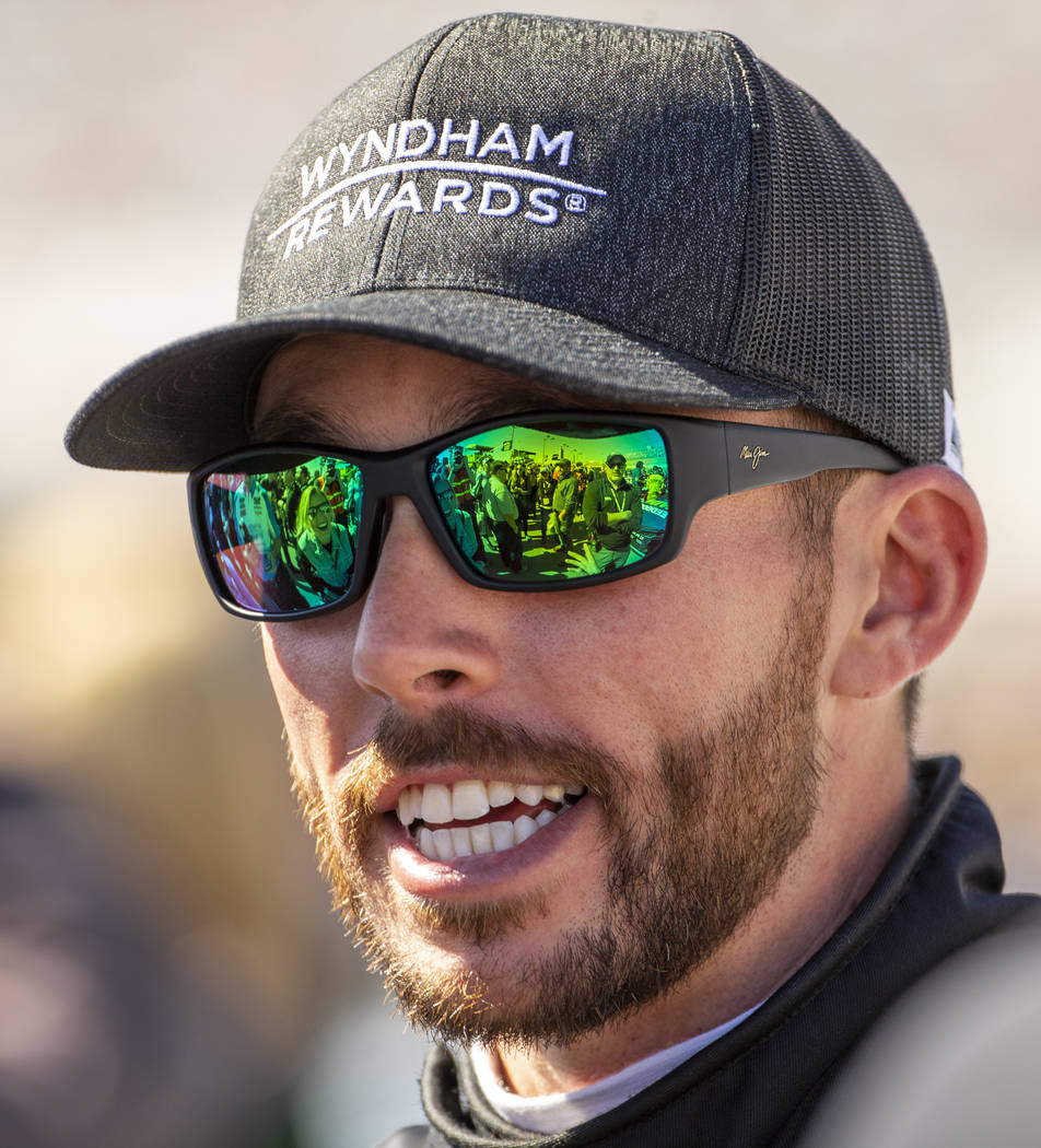 Ross Chastain (6) talks to his crew before the start of the Pennzoil 400 presented by Jiffy Lub ...