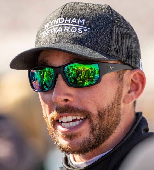 Ross Chastain (6) talks to his crew before the start of the Pennzoil 400 presented by Jiffy Lub ...