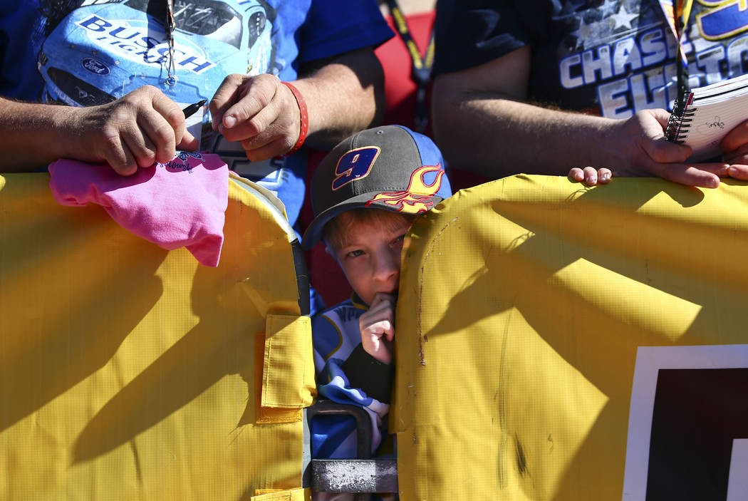 Joey Logano celebrates after winning a NASCAR Cup Series auto race at Las Vegas Motor Speedway ...