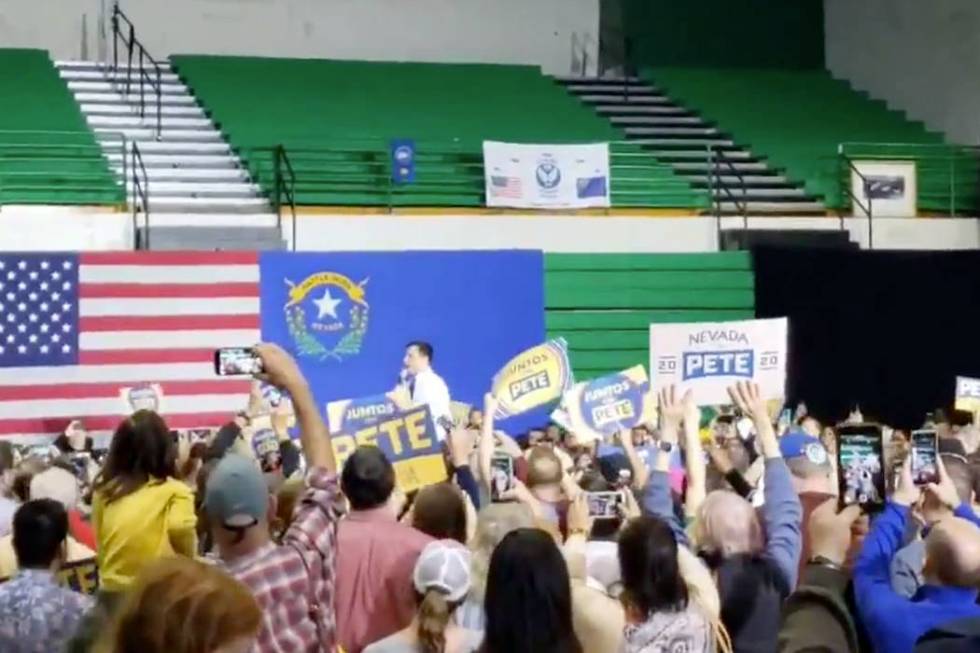 Former South Bend, Indiana, Mayor Pete Buttigieg speaks to supporters inside a gym at Rancho Hi ...