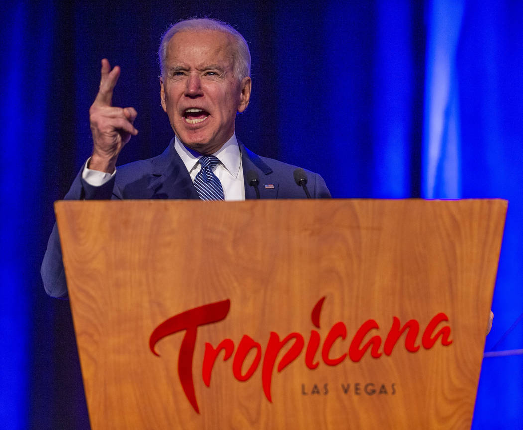 Former Vice President Joe Biden talks about healthcare during the Clark County Democrats Kick O ...