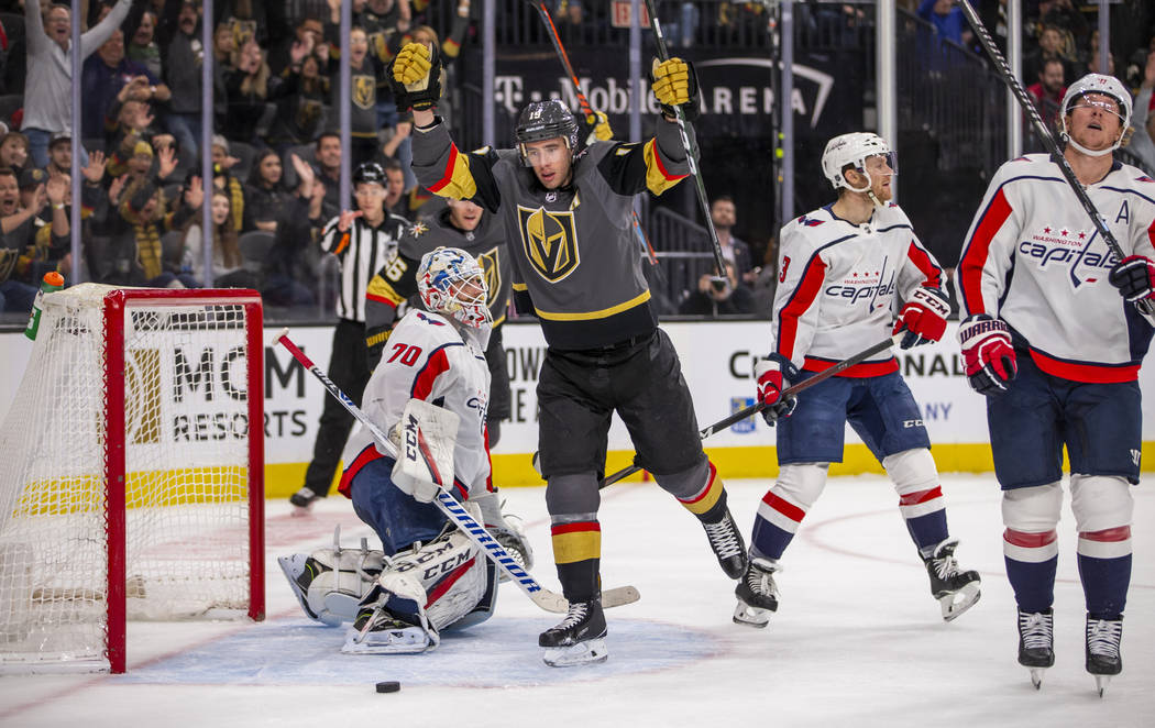 Vegas Golden Knights right wing Reilly Smith (19, center) celebrates his goal over Washington C ...