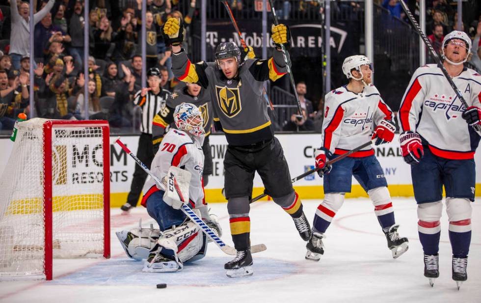 Vegas Golden Knights right wing Reilly Smith (19, center) celebrates his goal over Washington C ...