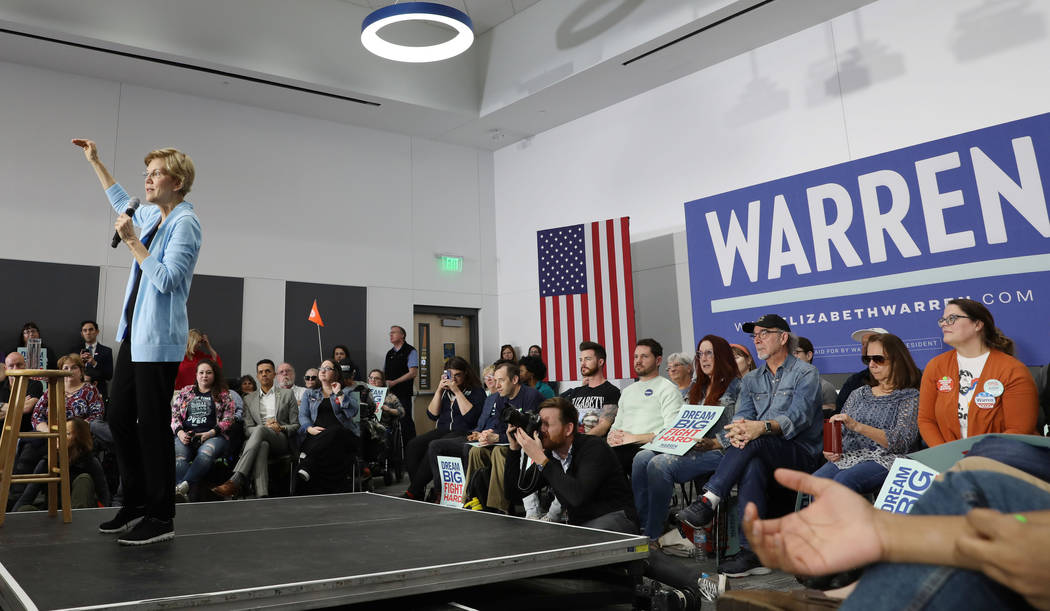 Sen. Elizabeth Warren speaks ahead of a town hall at College of Southern Nevada Henderson campu ...