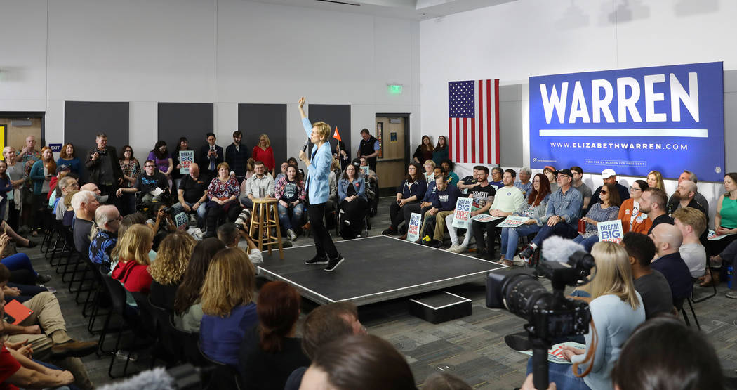 Sen. Elizabeth Warren speaks ahead of a town hall at College of Southern Nevada Henderson campu ...