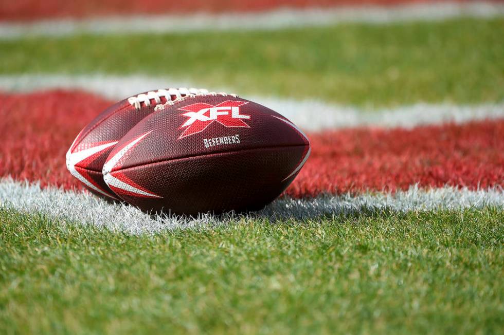 A detailed view of XFL DC Defenders footballs prior to the start of an XFL football game betwee ...
