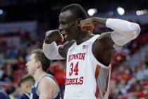 UNLV's Mbacke Diong (34) reacts after a play against Utah State during the second half of an NC ...