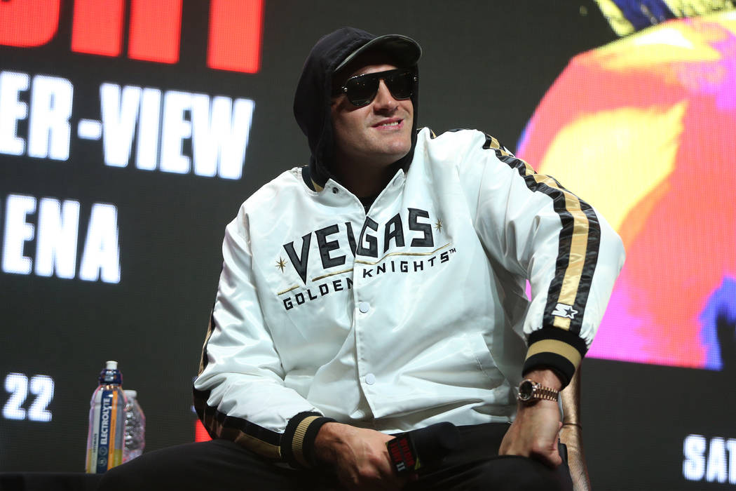 Heavyweight boxer Tyson Fury during a press conference at the MGM Grand Garden Arena in Las Veg ...