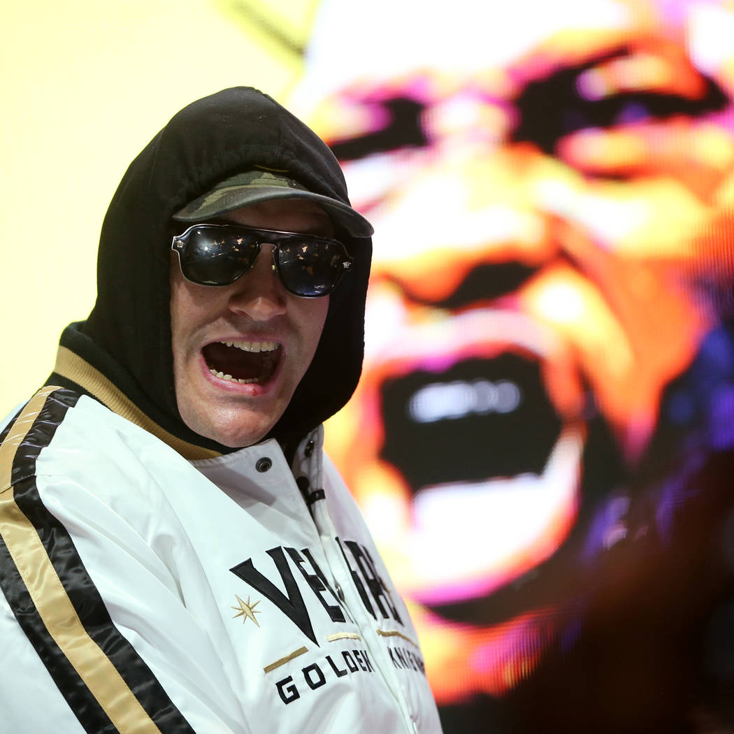 Heavyweight boxer Tyson Fury during a press conference at the MGM Grand Garden Arena in Las Veg ...