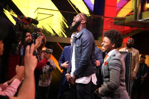 Deontay "The Bronze Bomber" Wilder, center, during a press conference at the Fox Studios in Los ...