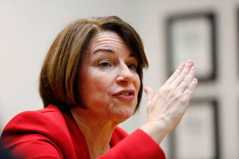 Democratic presidential candidate Sen. Amy Klobuchar, D-Minn., speaks during an editorial board ...