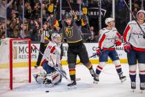 Vegas Golden Knights right wing Reilly Smith (19, center) celebrates his goal over Washington C ...