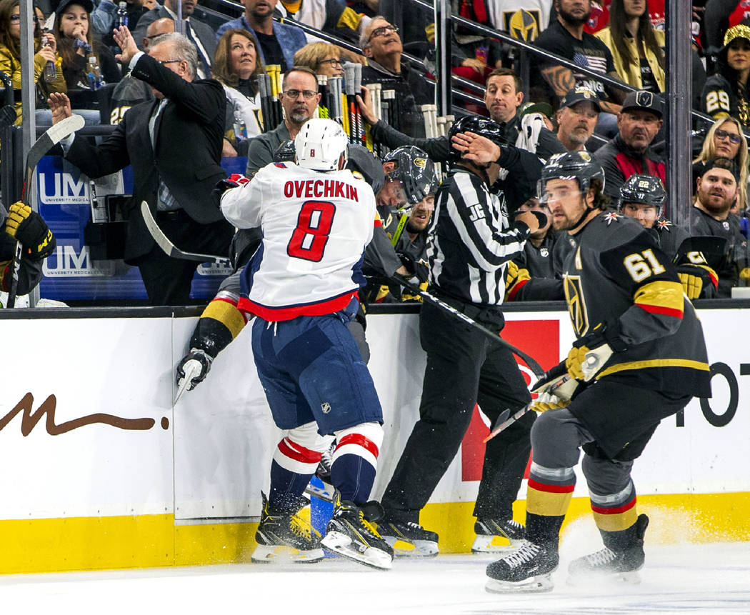 Washington Capitals left wing Alex Ovechkin (8) blasts Vegas Golden Knights defenseman Nate Sch ...