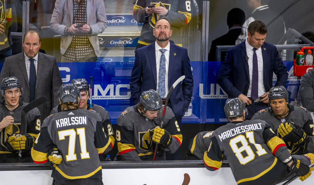 Vegas Golden Knights head coach Peter DeBoer looks up as his team readies for Washington Capita ...