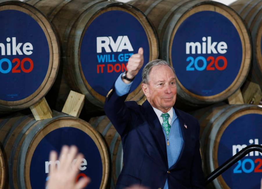 Democratic presidential candidate Mike Bloomberg gives his thumbs-up after speaking during a ca ...