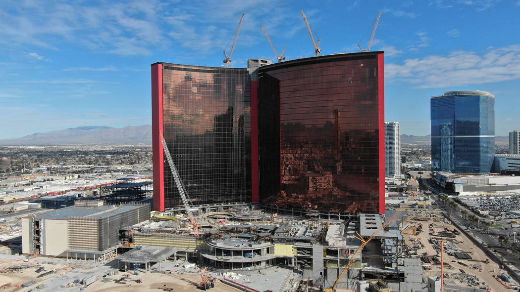 Aerial view of construction at Resorts World Las Vegas on the north Strip in Las Vegas Thursday ...
