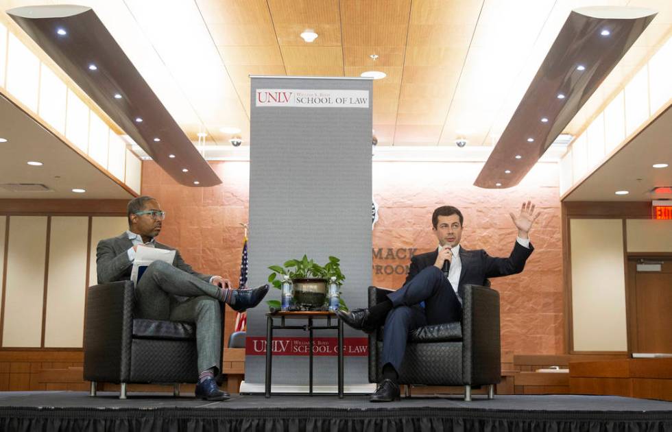 Democratic presidential candidate former South Bend Mayor Pete Buttigieg, right, and UNLV profe ...