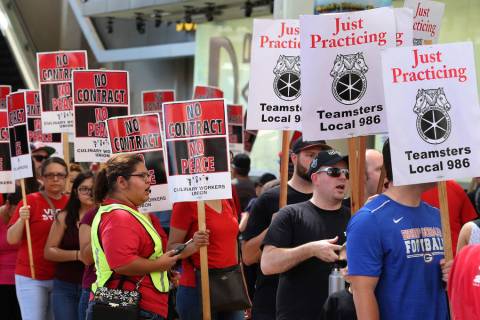Culinary union members picket in front of the D Las Vegas on Friday, July 6, 2018, in downtown. ...