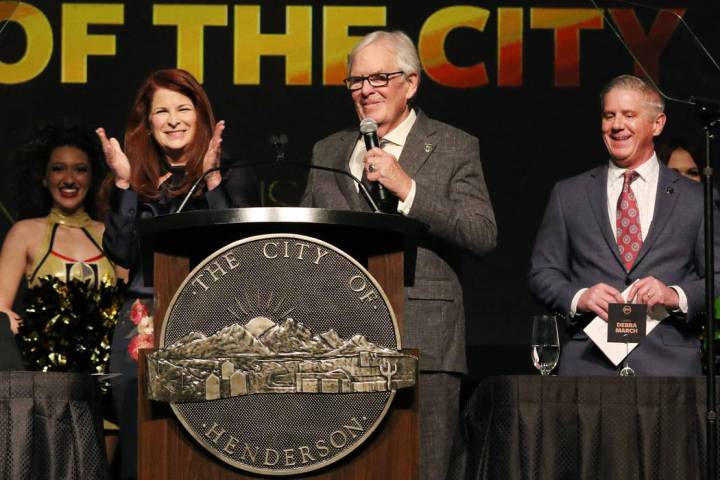 Henderson Mayor Debra March, left, applauds as Golden Knights owner Bill Foley speaks as team p ...