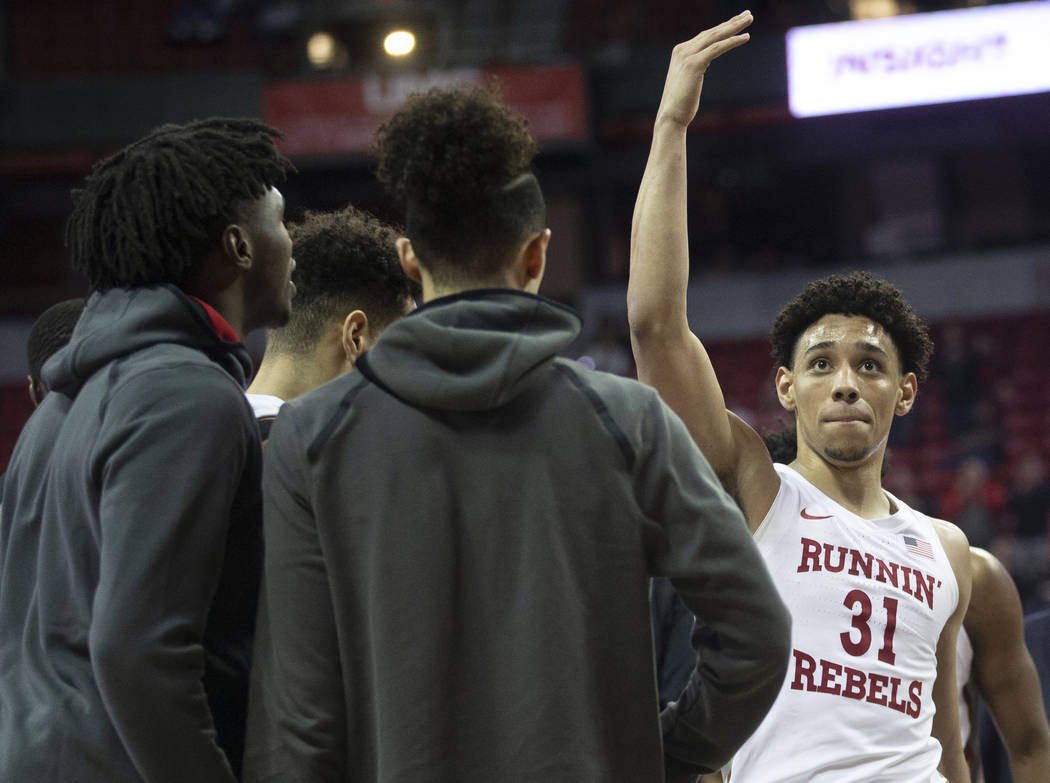 UNLV Rebels guard Marvin Coleman (31) waves towards the crowd during a timeout in the second h ...