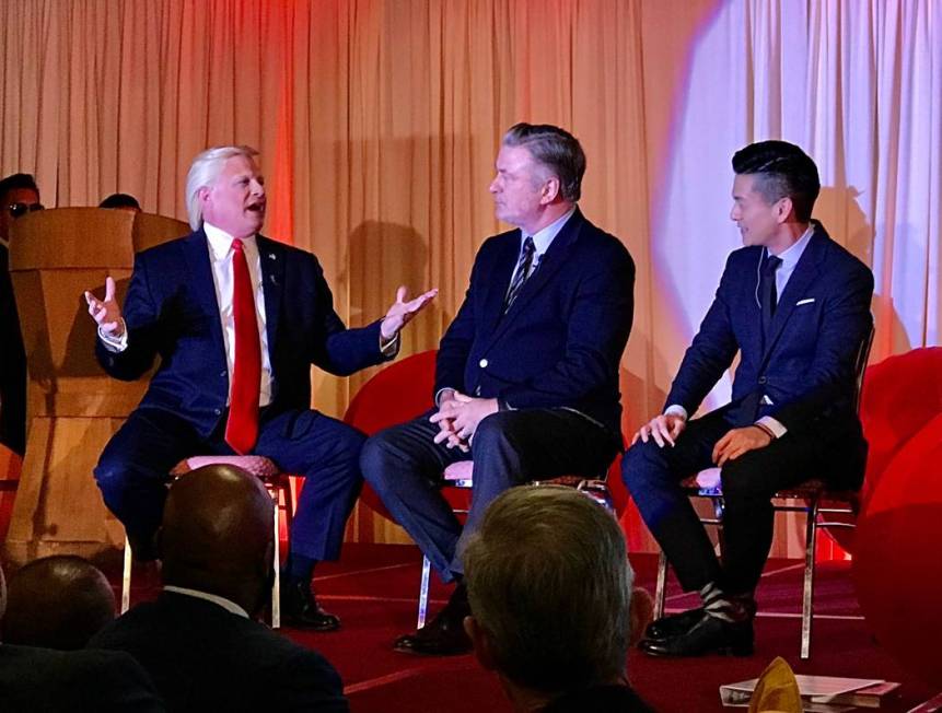 John Di Domenico, Alec Baldwin and California State Assemblyman Evan Low are shown at a fundrai ...