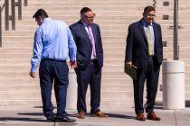 Defendants Bradley Campos, left, Diego Garcia and Cesar Morales leave the Lloyd George U.S. Cou ...