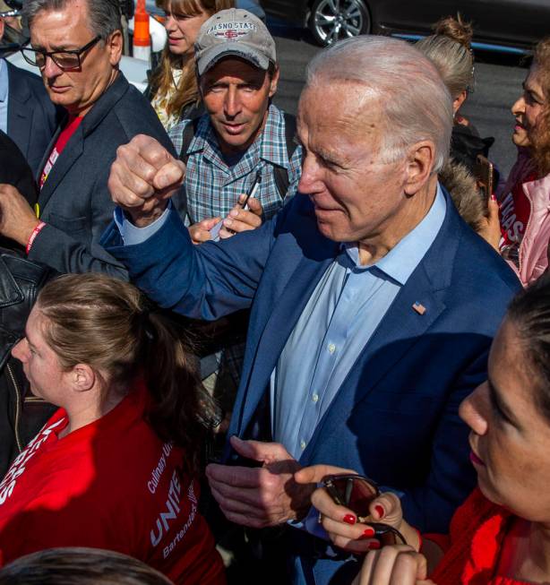 Democratic presidential candidate former Vice President Joe Biden shows his support for worker ...